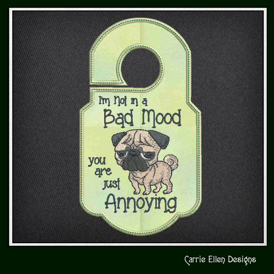 Bad Mood Dog ITH Door Knob Hanger Machine Embroidery Design, Grumpy Dog In The Hoop Door Sign Embroidery Project (1424)