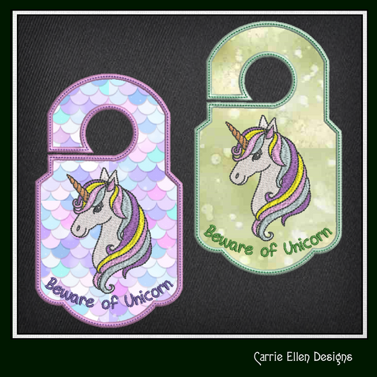 Unicorn ITH Door Knob Hanger Machine Embroidery Design, Beware of Unicorn Door Sign, In The Hoop Machine Embroidery Project (1391)