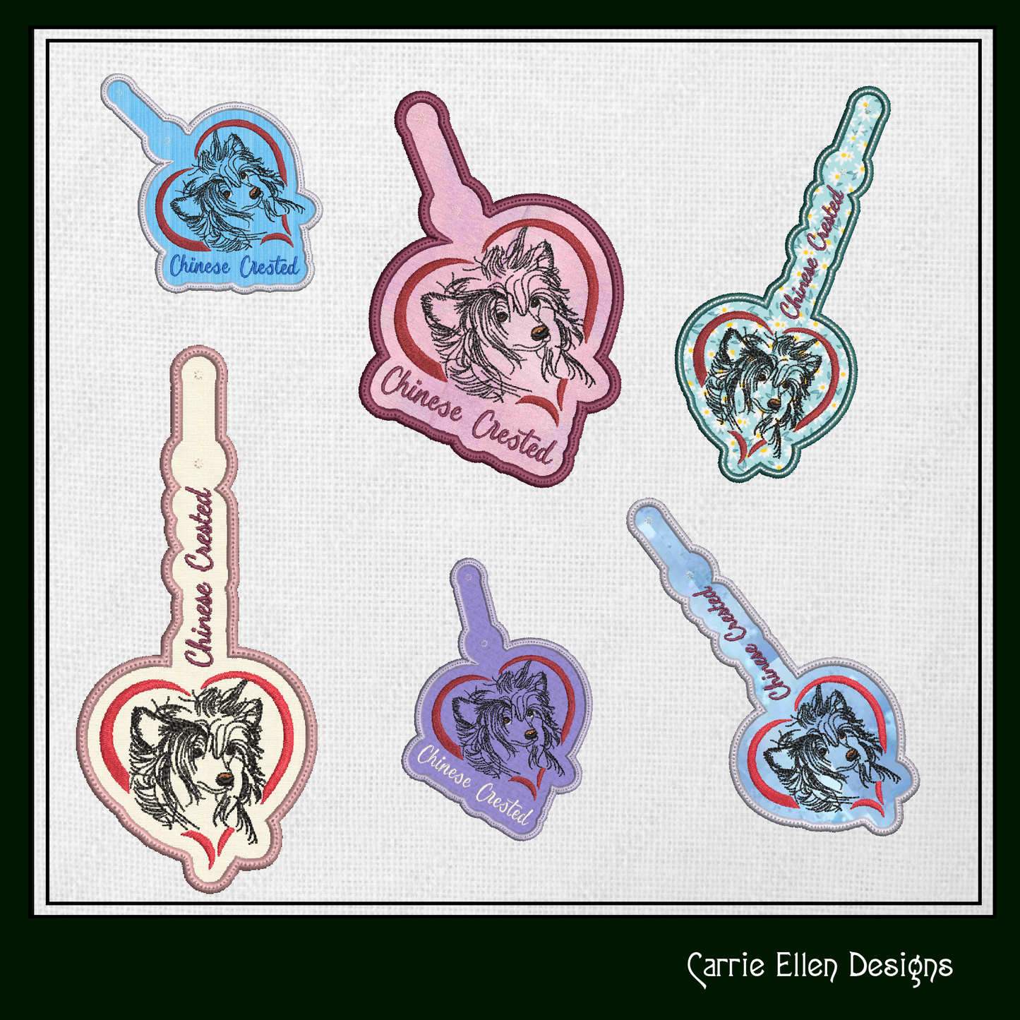 Chinese Crested ITH Key Fob Machine Embroidery Design | In The Hoop Dog Lover Key Tag Project (1569)