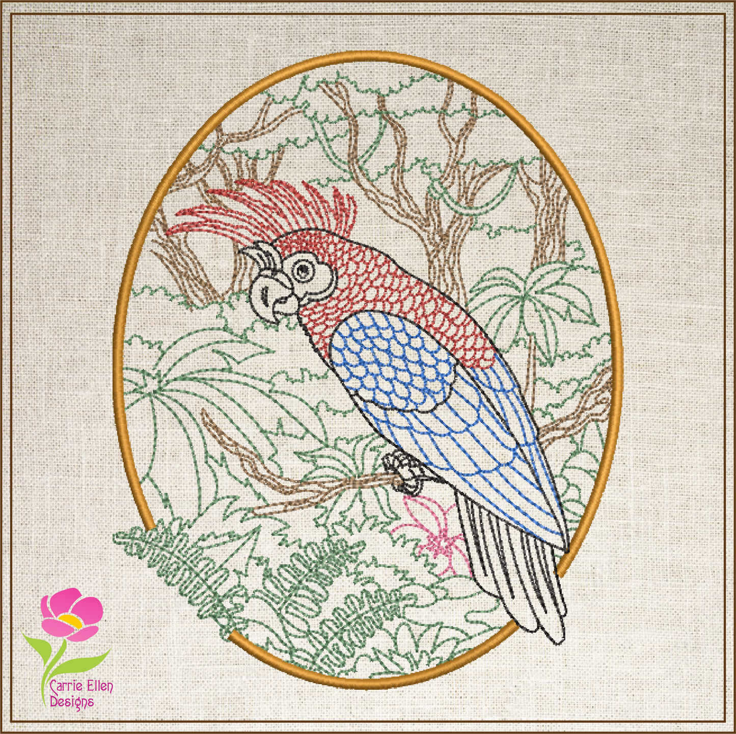 Parrot Machine Embroidery Design, Tropical Jungle Bird Line Art Sketch Design, 4 Sizes (0422)