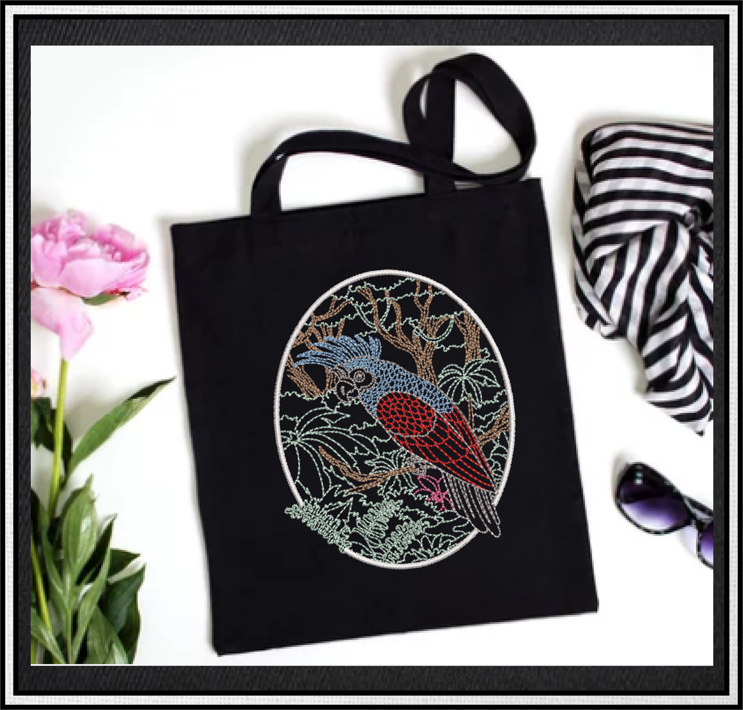 Parrot Machine Embroidery Design, Tropical Jungle Bird Line Art Sketch Design, 4 Sizes (0422)