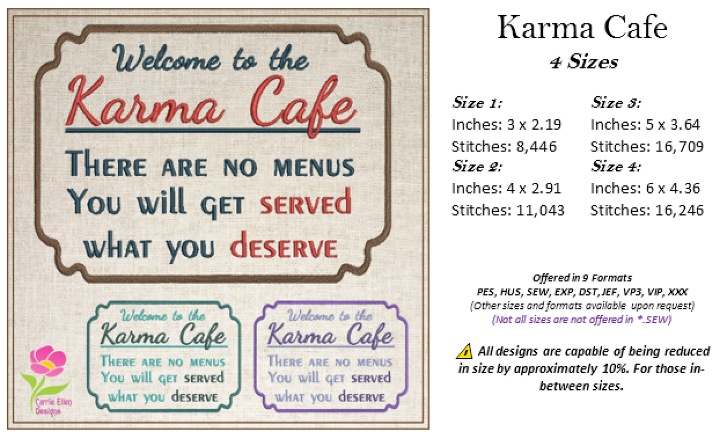Karma Cafe Machine Embroidery Design – Served What You Deserve Quote, Sassy Karma Saying, 4 Sizes (0472)