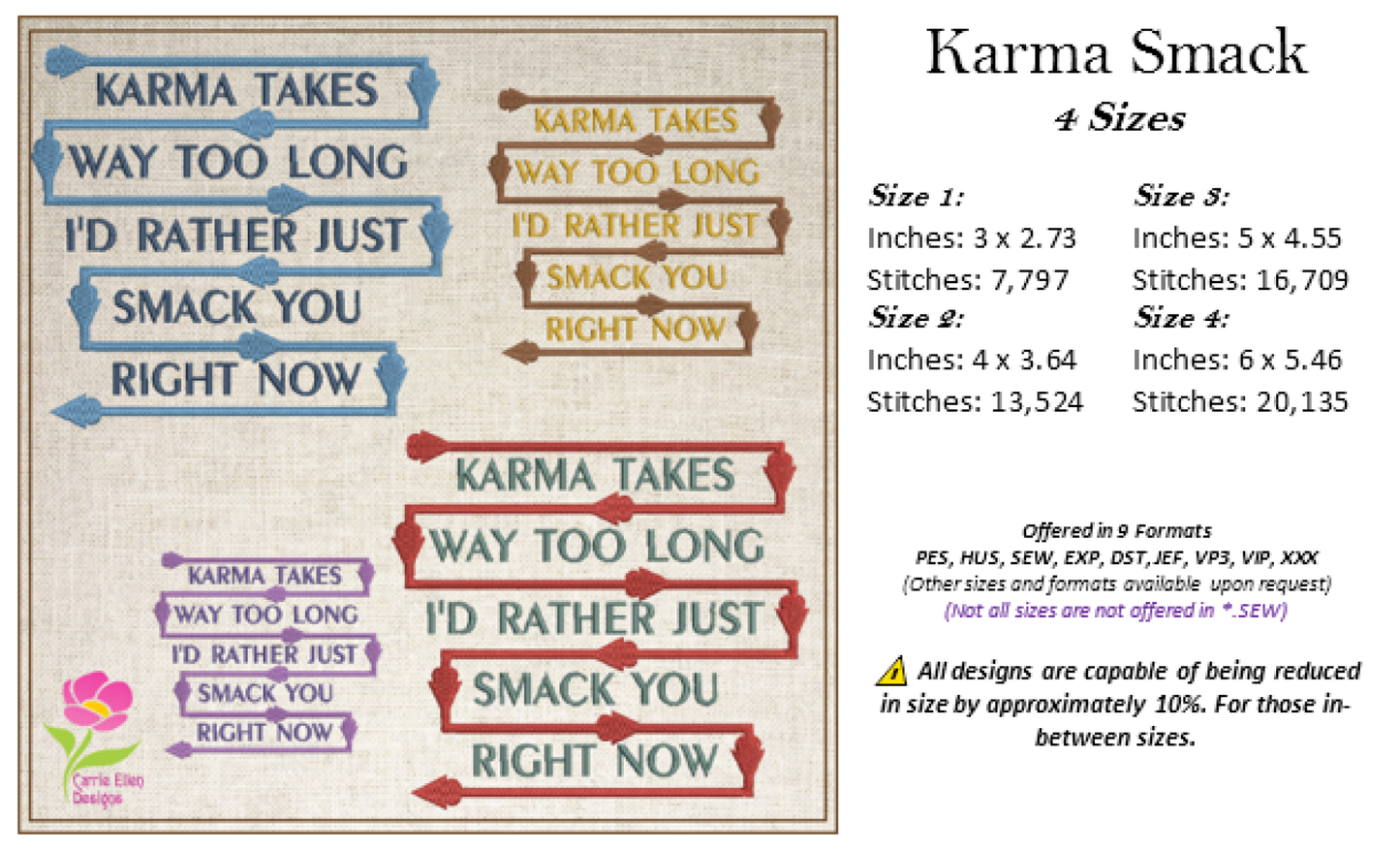 Karma Takes Way Too Long Machine Embroidery Design – Funny Karma Smack Quote, Sassy Embroidered Saying, 4 Sizes (0471)