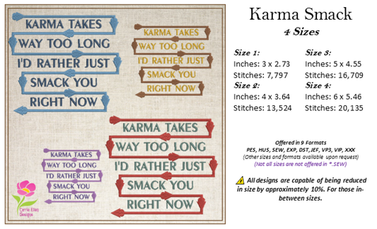 Karma Takes Way Too Long Machine Embroidery Design – Funny Karma Smack Quote, Sassy Embroidered Saying, 4 Sizes (0471)