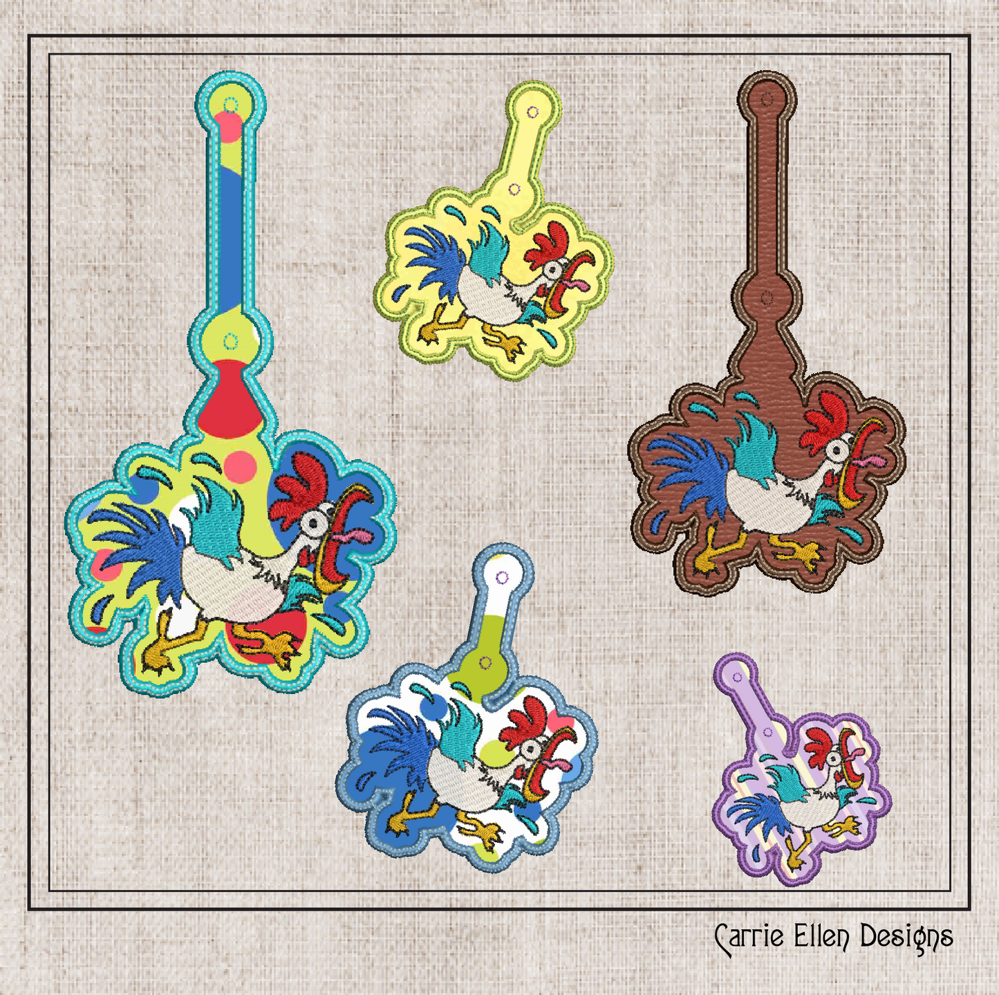 Crazy Chicken ITH Key Fob Machine Embroidery Design | Rooster Key Tag Project | Fun In-The-Hoop Embroidery (1283)