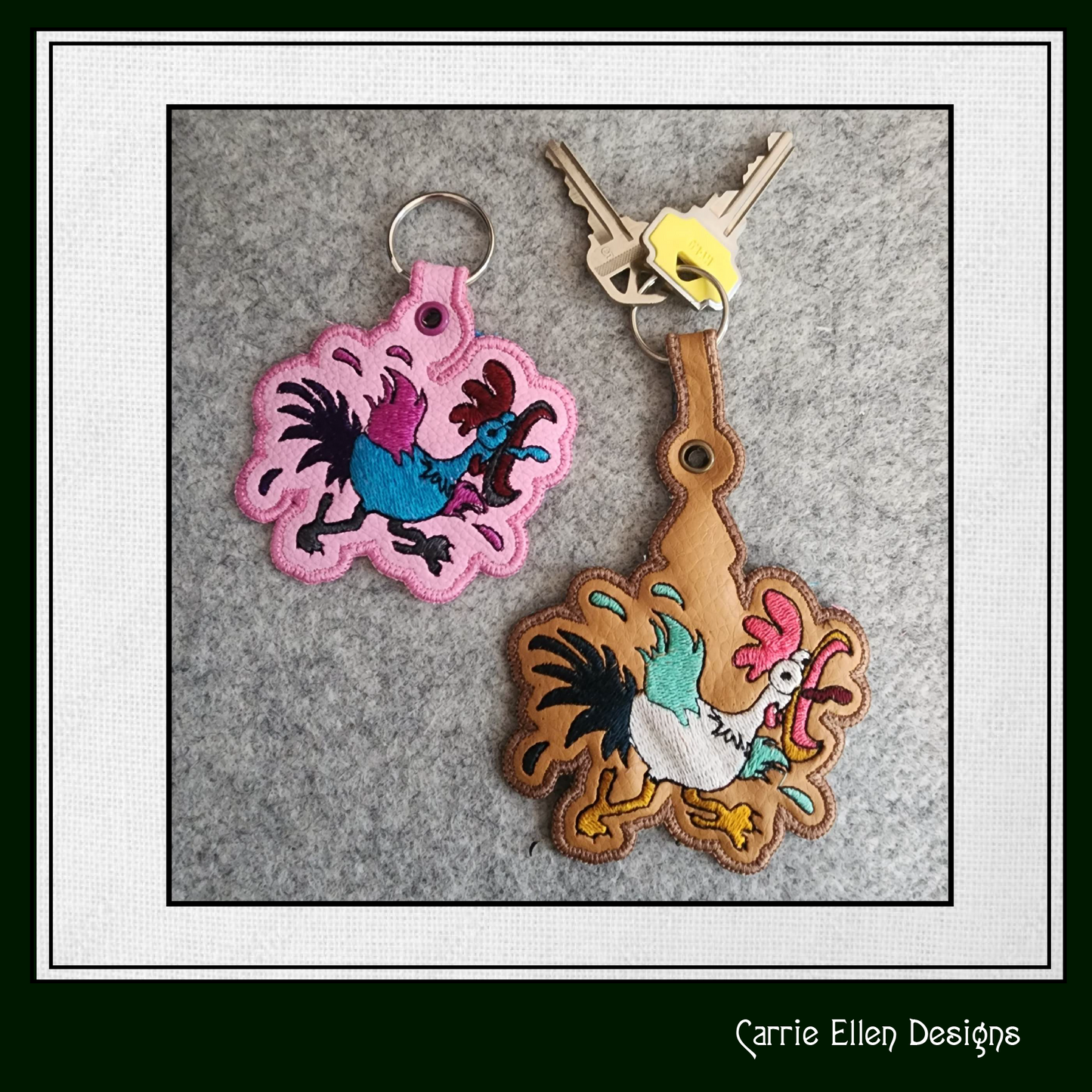 Crazy Chicken ITH Key Fob Machine Embroidery Design | Rooster Key Tag Project | Fun In-The-Hoop Embroidery (1283)