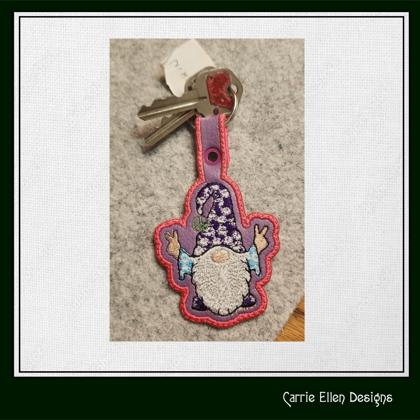 Hippie Gnome ITH Key Fob Machine Embroidery Design – Boho Hipster In The Hoop Key Tag Machine Embroidery Project (1272)