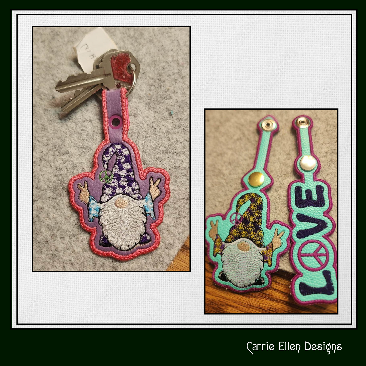 Hippie Gnome ITH Key Fob Machine Embroidery Design – Boho Hipster In The Hoop Key Tag Machine Embroidery Project (1272)