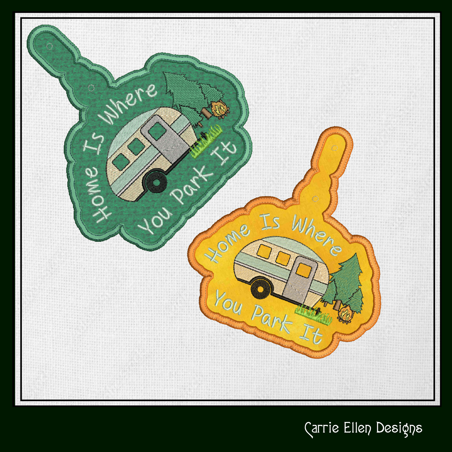 Home is Where You Park It ITH Key Fob Machine Embroidery Design, In The Hoop Camping Keychain Project for 4x4 & 5x7 Hoop (1280)
