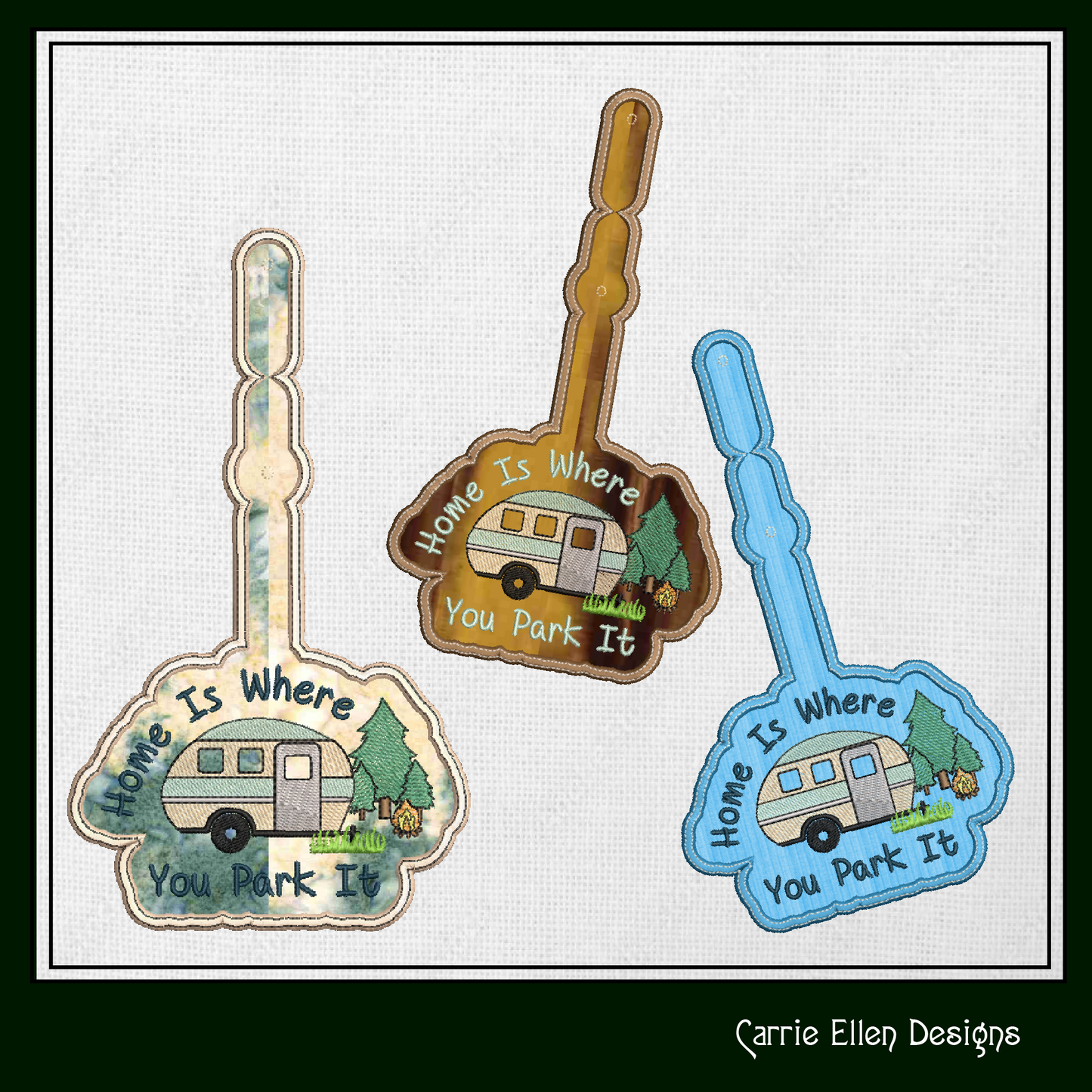 Home is Where You Park It ITH Key Fob Machine Embroidery Design, In The Hoop Camping Keychain Project for 4x4 & 5x7 Hoop (1280)