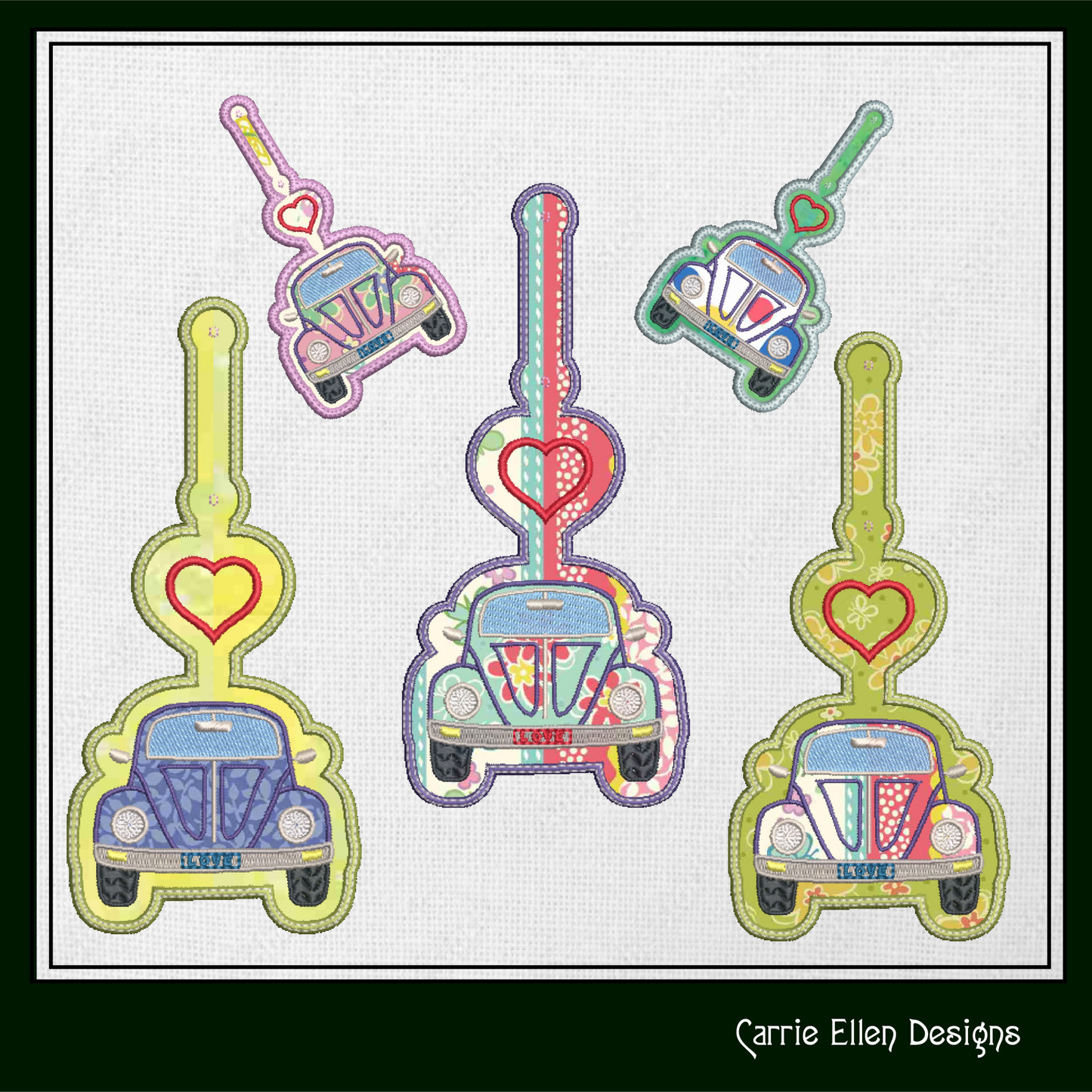 Retro Love Bug ITH Key Fob Machine Embroidery Design, Boho Hippie In-The-Hoop Embroidery Project (1285)