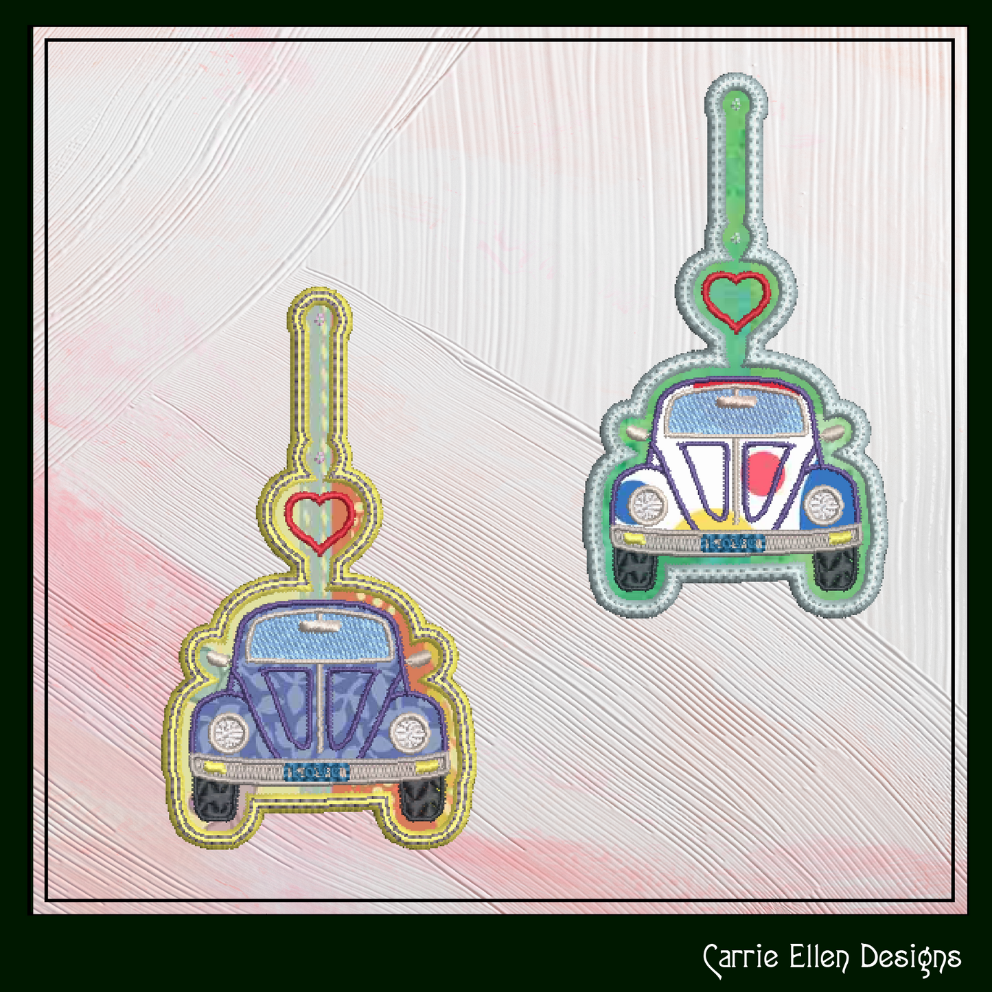 Retro Love Bug ITH Key Fob Machine Embroidery Design, Boho Hippie In-The-Hoop Embroidery Project (1285)
