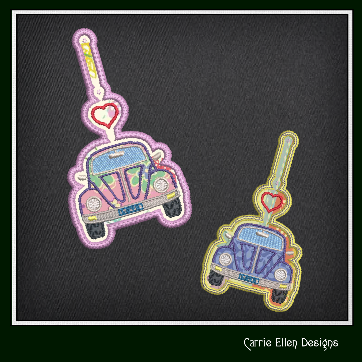 Retro Love Bug ITH Key Fob Machine Embroidery Design, Boho Hippie In-The-Hoop Embroidery Project (1285)