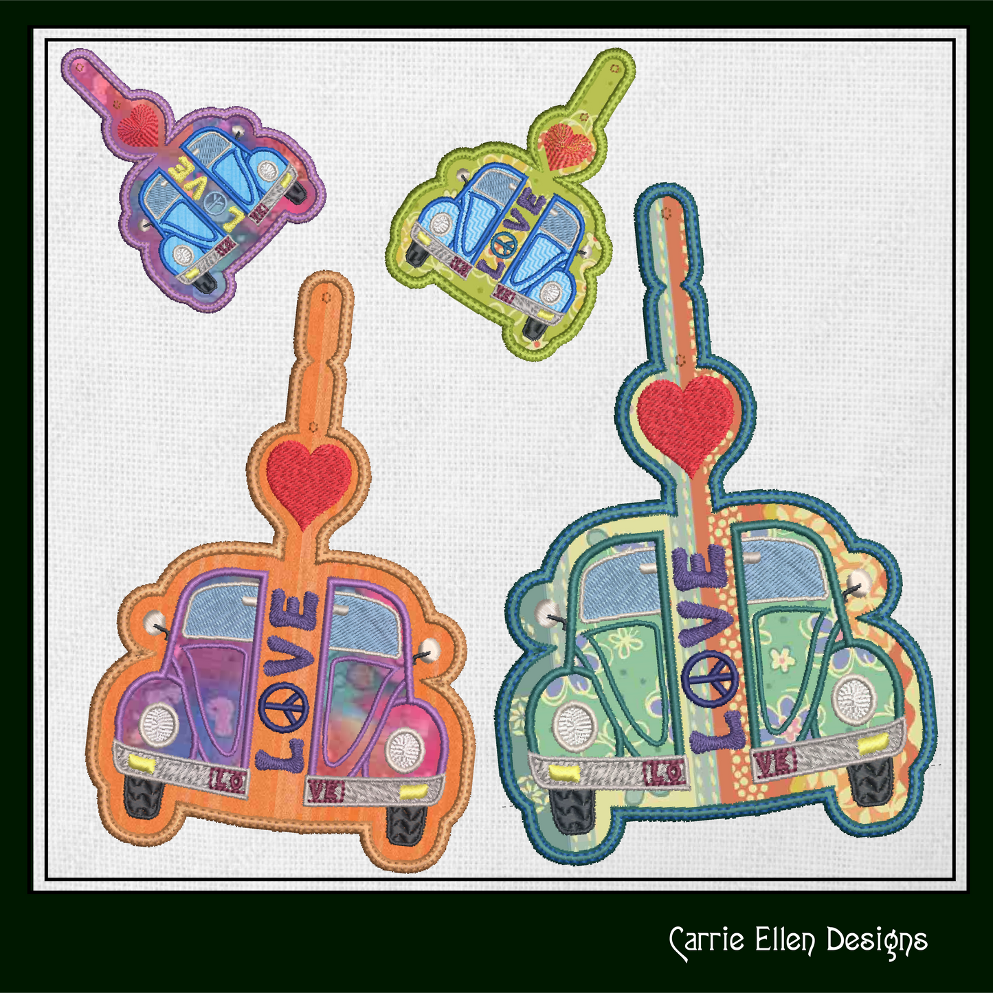 Retro Love Bug ITH Key Fob Machine Embroidery Design, Boho Hippie In-The-Hoop Embroidery Project (1293)