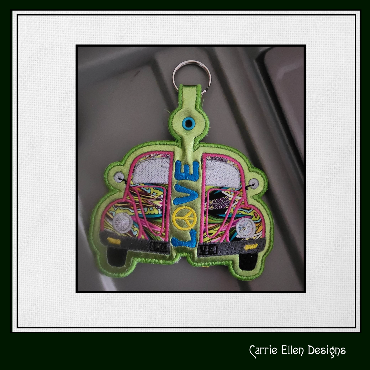 Retro Love Bug ITH Key Fob Machine Embroidery Design, Boho Hippie In-The-Hoop Embroidery Project (1293)