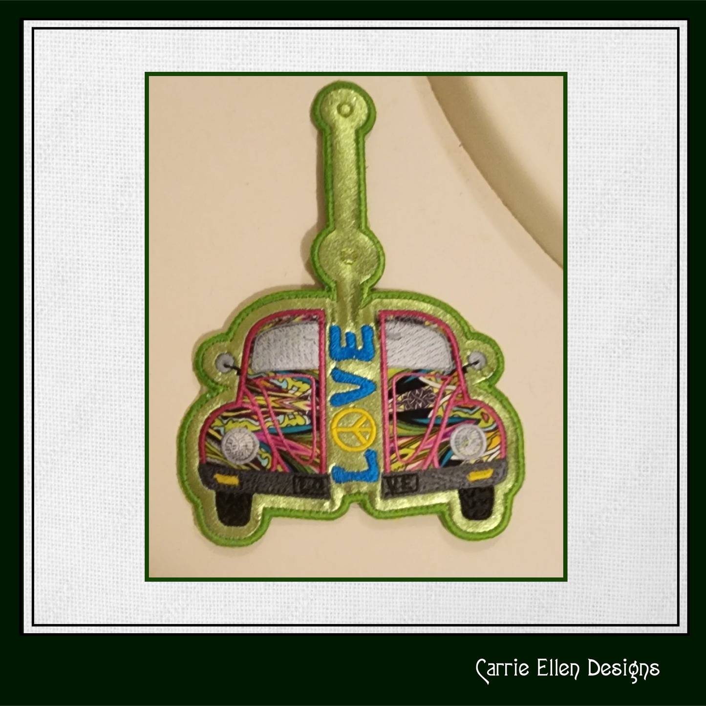Retro Love Bug ITH Key Fob Machine Embroidery Design, Boho Hippie In-The-Hoop Embroidery Project (1293)