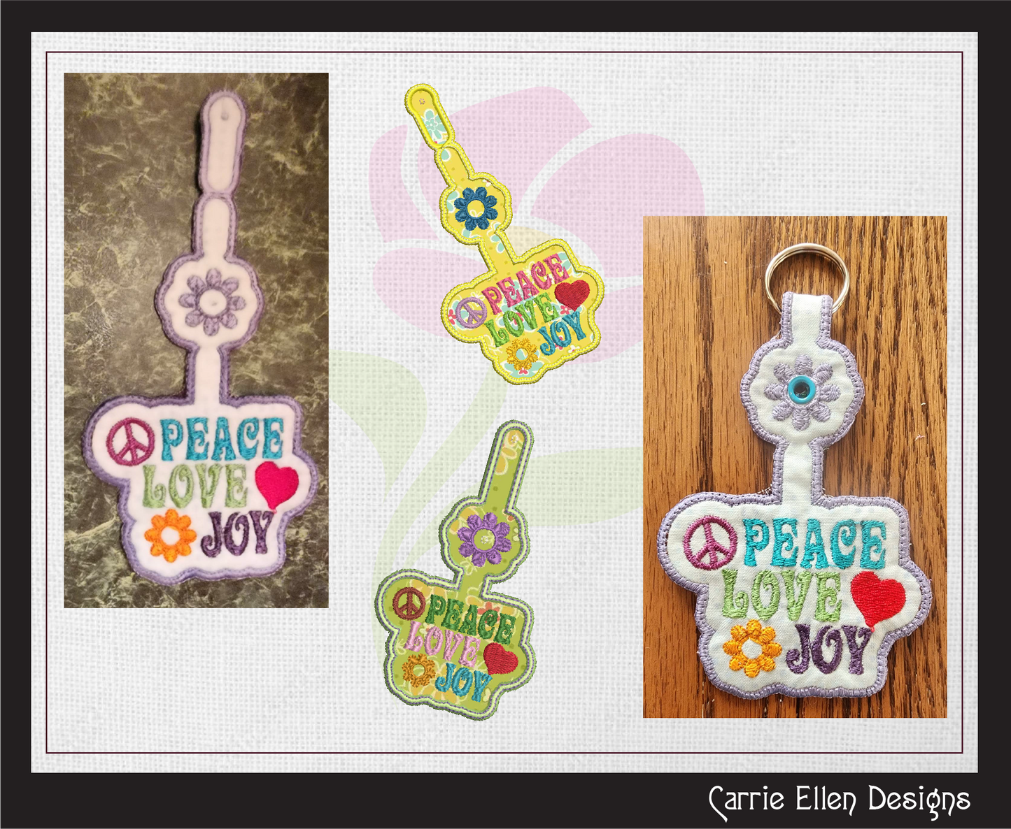 Peace Love and Joy ITH Key Fob Machine Embroidery Design | Boho Hippie In The Hoop Key Tag (1301)