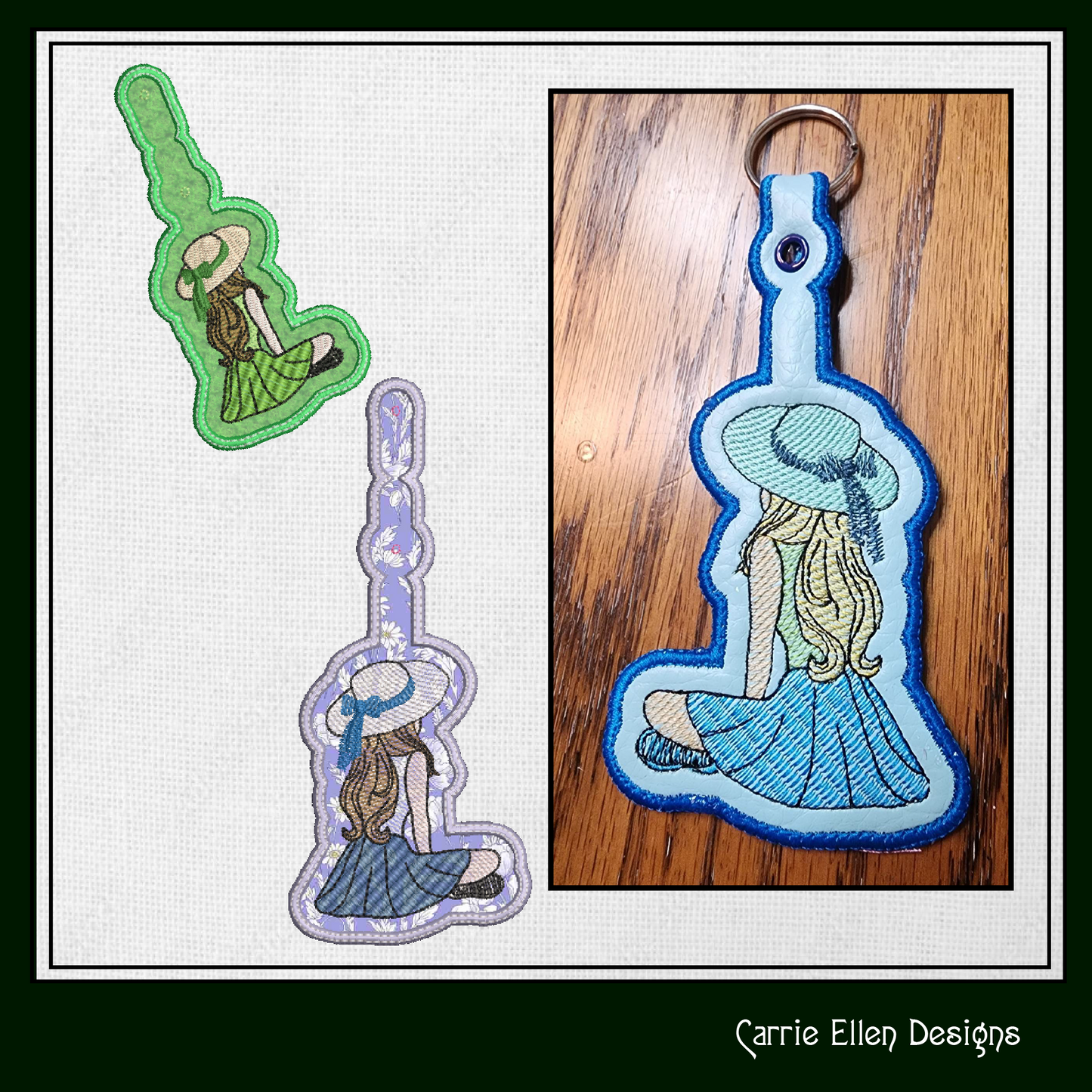 Sitting Girl ITH Key Fob Machine Embroidery Design | In The Hoop Key Tag Project (1328)