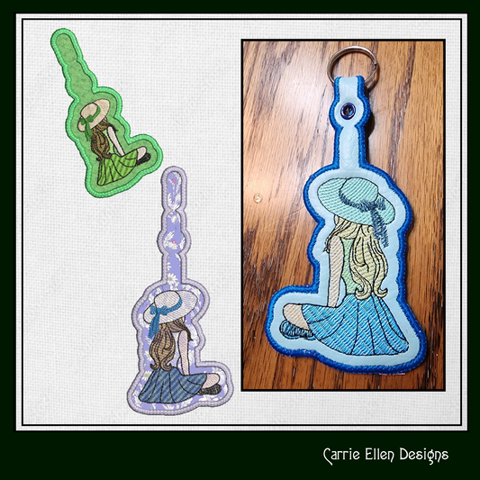 Sitting Girl ITH Key Fob Machine Embroidery Design | In The Hoop Key Tag Project (1328)