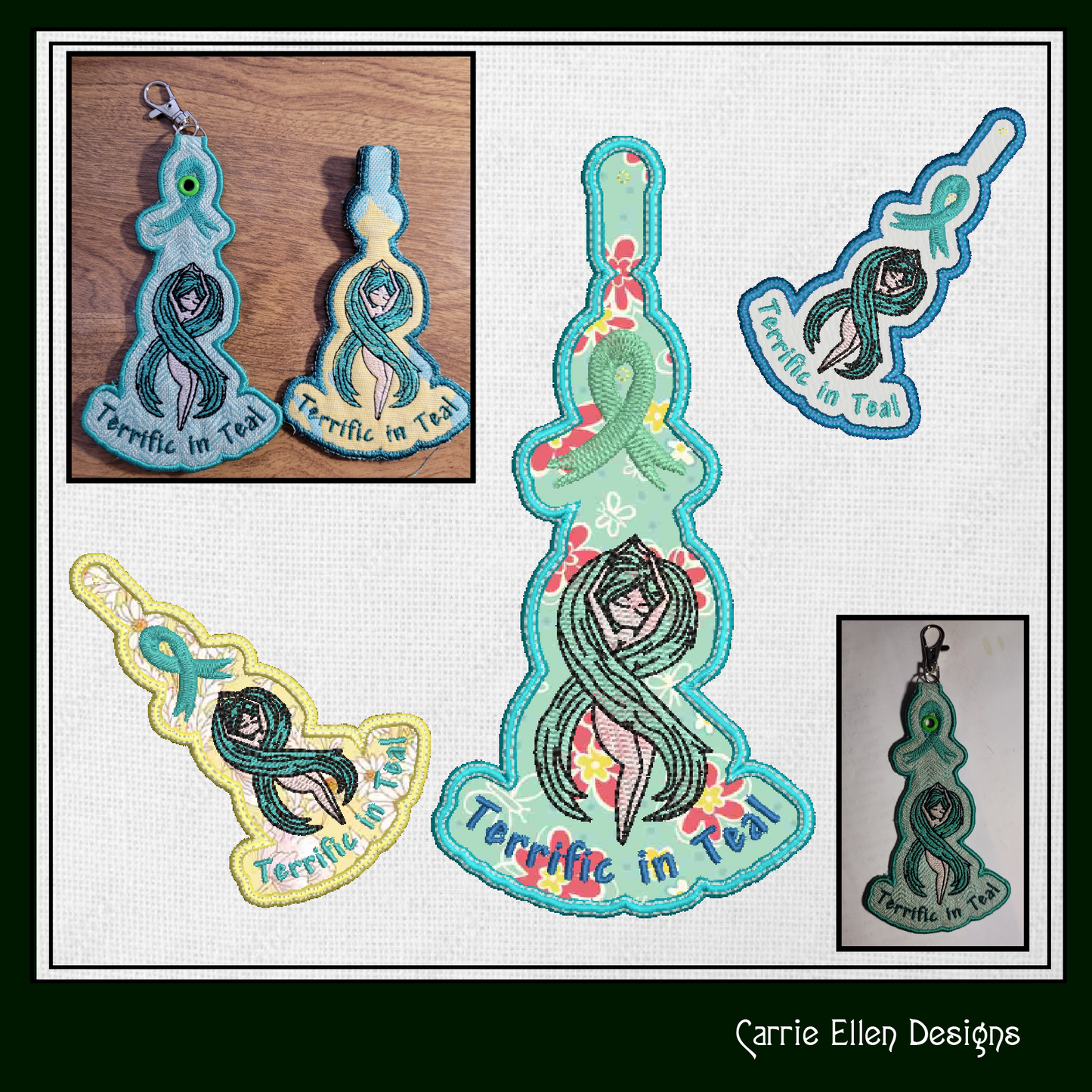 Terrific In Teal ITH Key Fob Machine Embroidery Design | Ovarian Cancer Awareness In The Hoop Key Tag (1295)