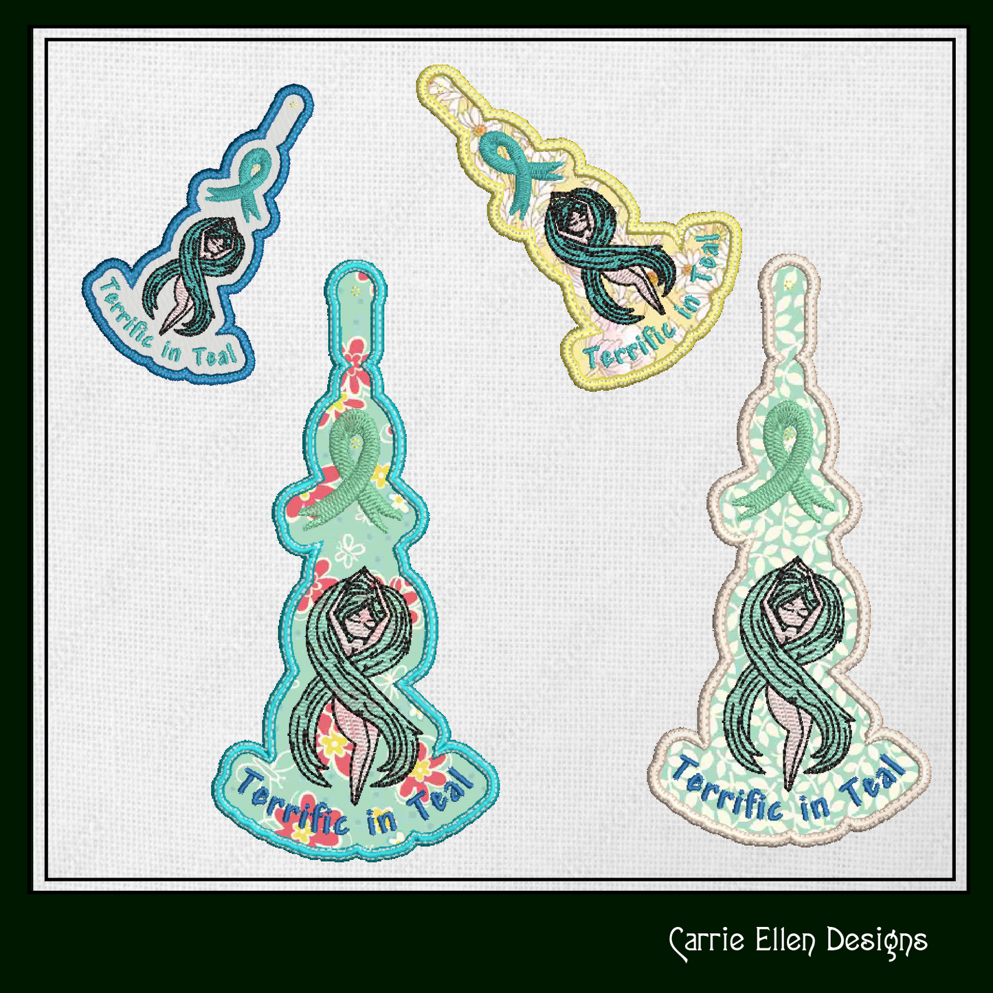 Terrific In Teal ITH Key Fob Machine Embroidery Design | Ovarian Cancer Awareness In The Hoop Key Tag (1295)