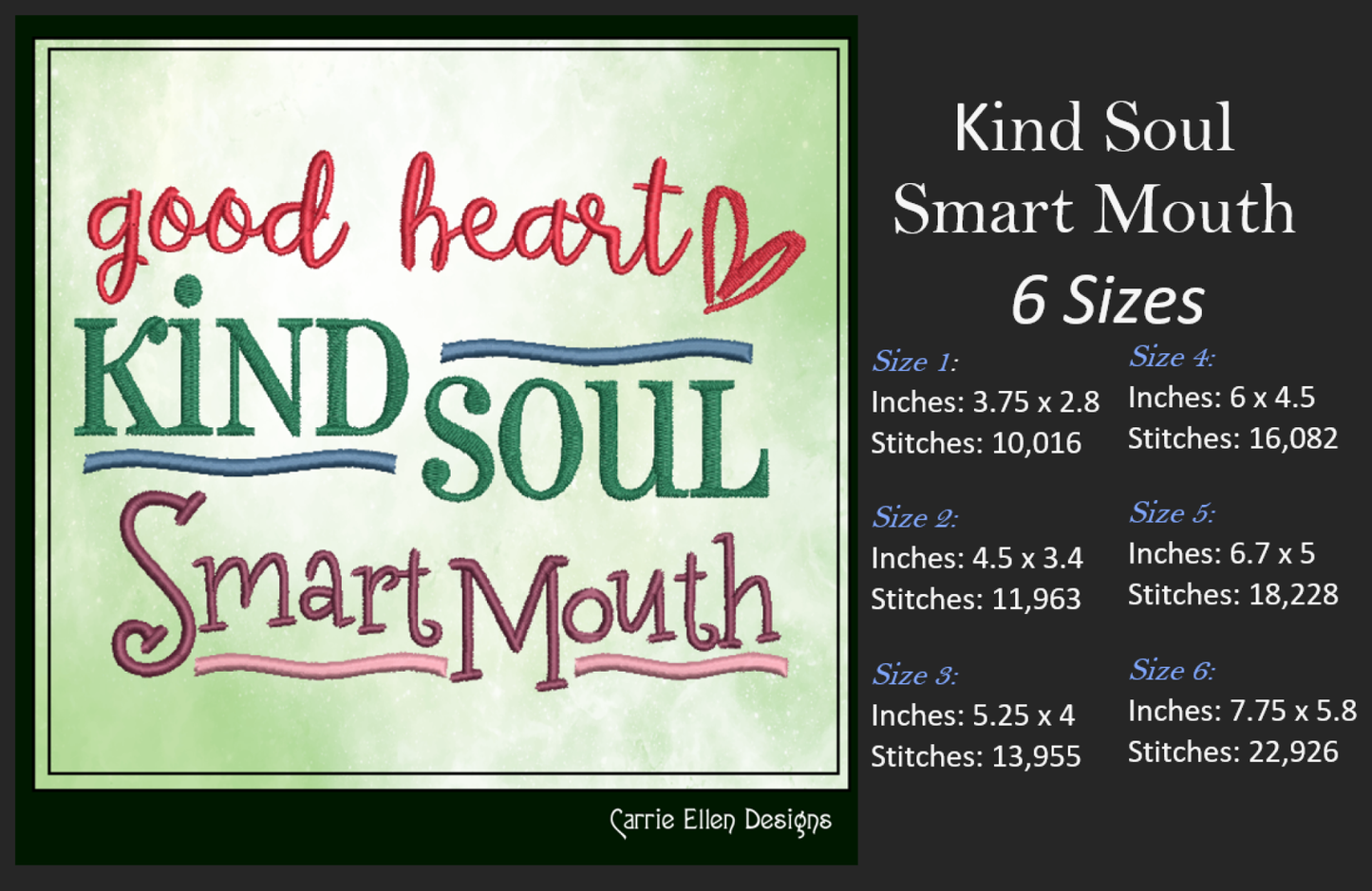 Good Heart Kind Soul Smart Mouth Machine Embroidery Design | Funny Quote for Pillow, Shirt, or Tote | 6 Sizes (1719)