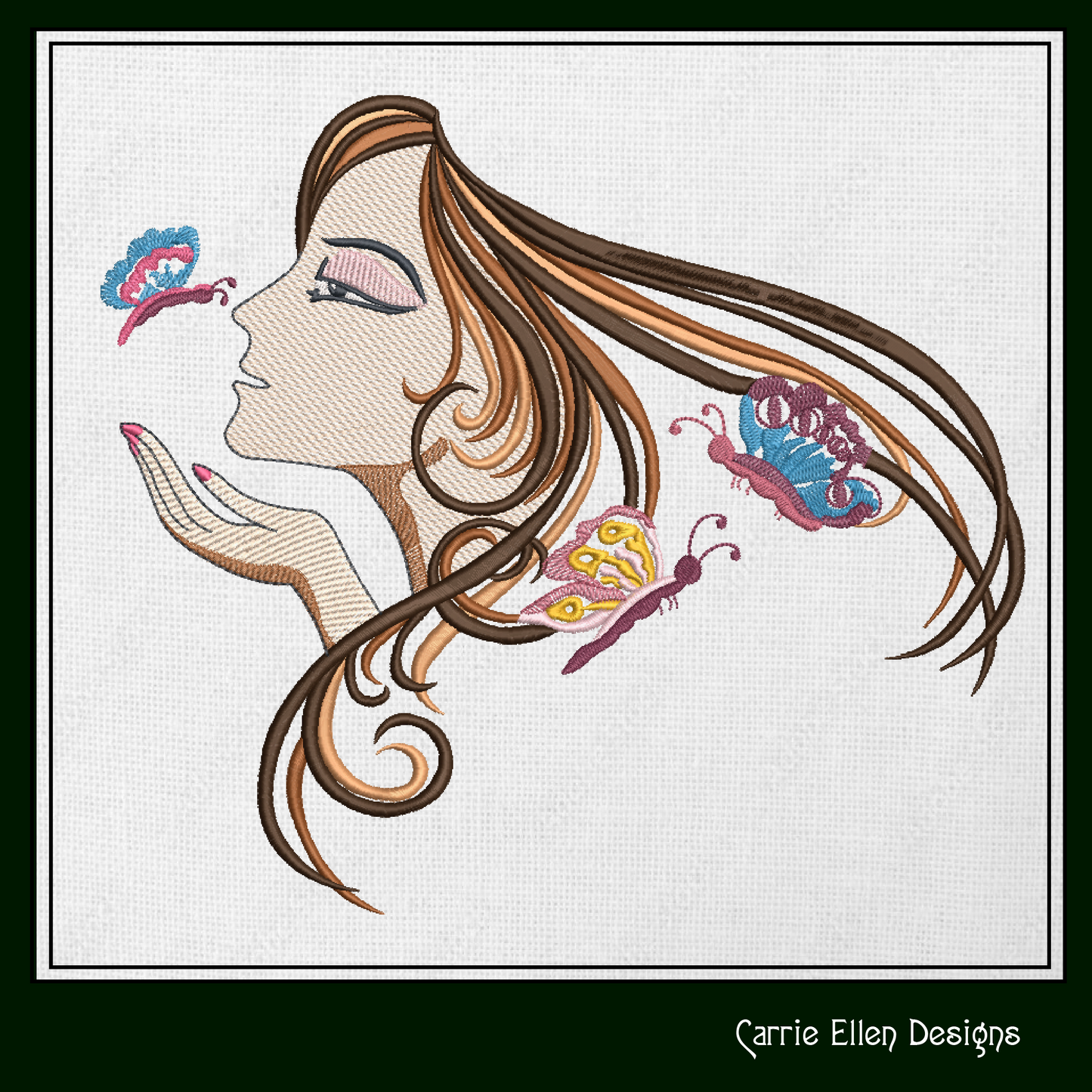 Kissing Butterflies Machine Embroidery Design – Anime Lady with Butterflies, Artistic Woman, 6 Sizes (1690)