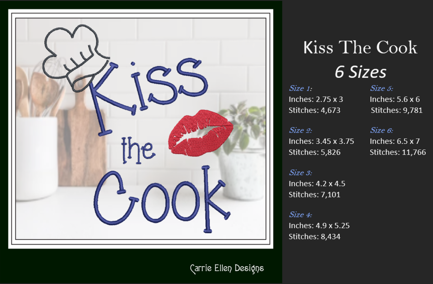 Kiss The Cook Machine Embroidery Design – Cooking Chef with Red Lips Embroidery Quotes, 6 Sizes (1119)