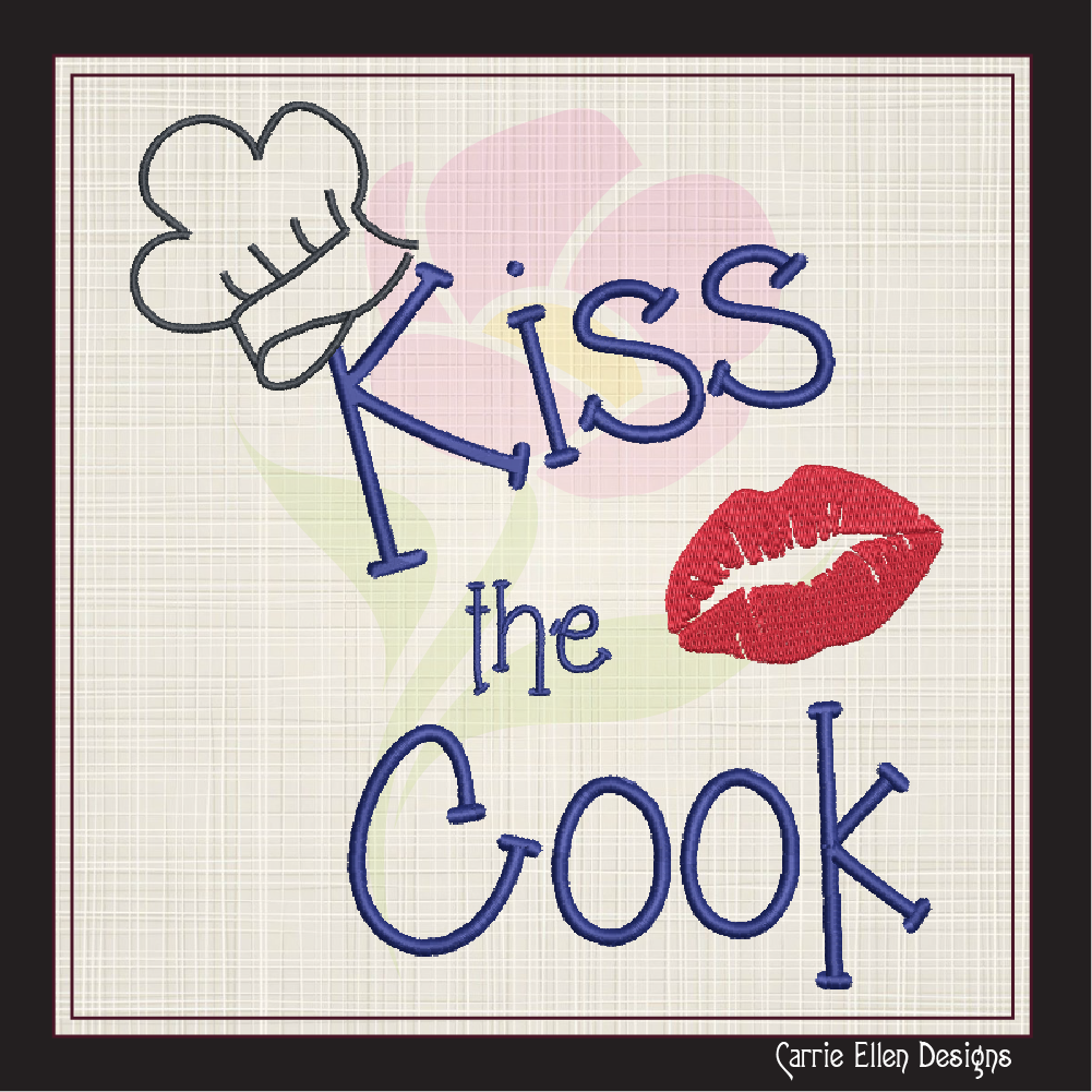 Kiss The Cook Machine Embroidery Design – Cooking Chef with Red Lips Embroidery Quotes, 6 Sizes (1119)