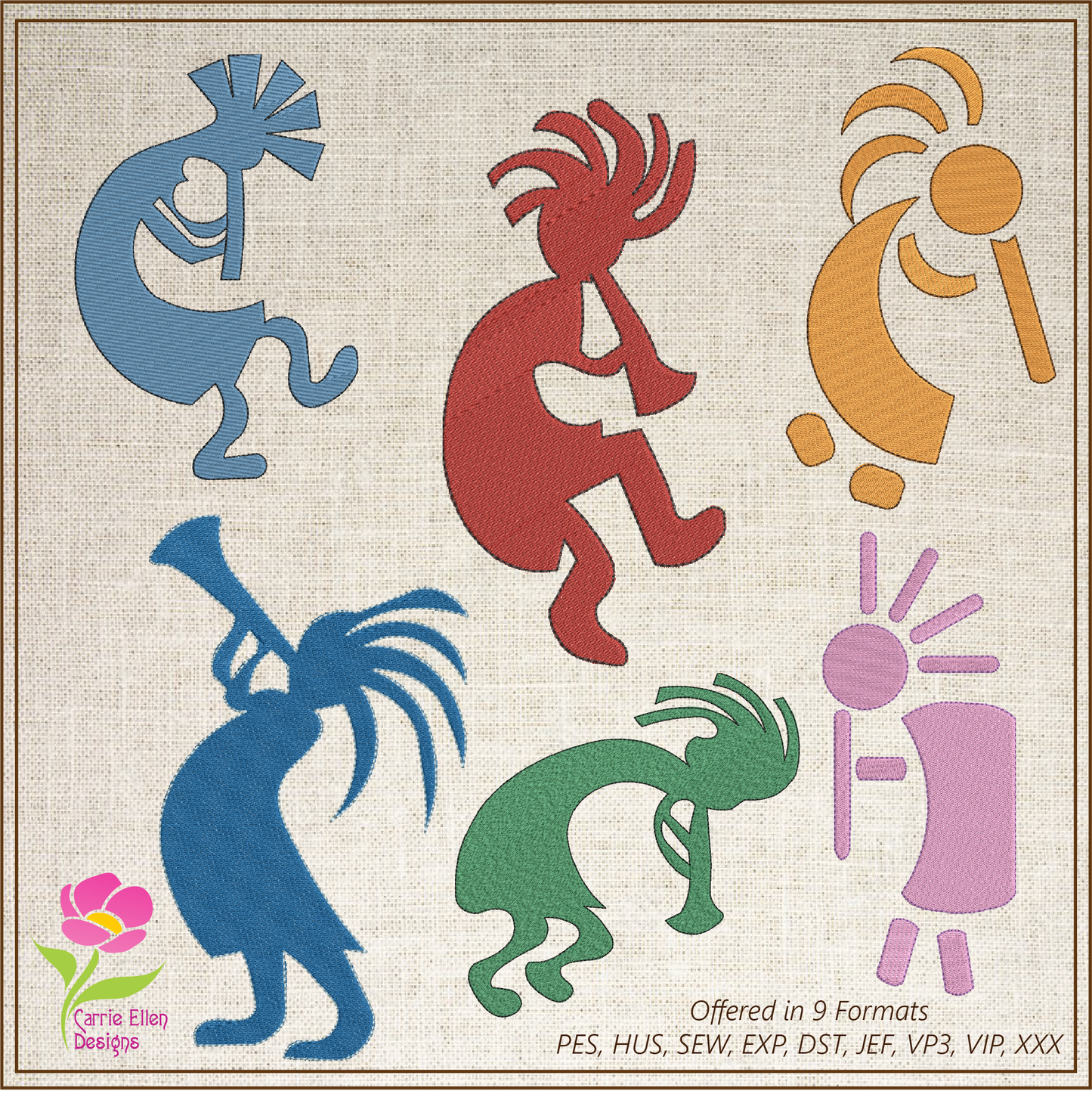 Kokopelli Embroidery Design Bundle, Dancing Kokopelli Embroidery Patterns, Tribal Art Design, Musical Embroidery, Flute, 6 Designs 8 Sizes Each (0477)