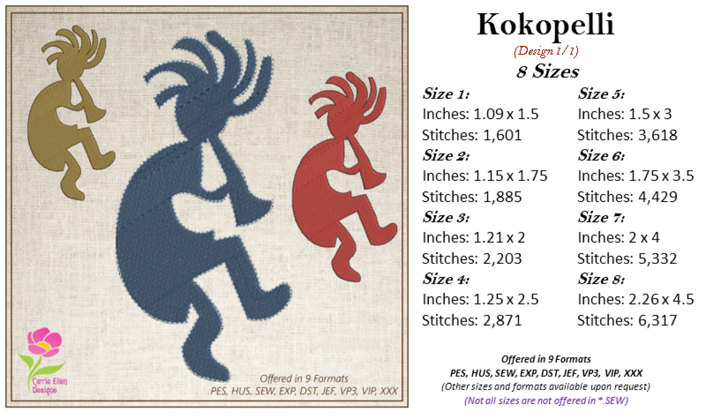Kokopelli Embroidery Design Bundle, Dancing Kokopelli Embroidery Patterns, Tribal Art Design, Musical Embroidery, Flute, 6 Designs 8 Sizes Each (0477)