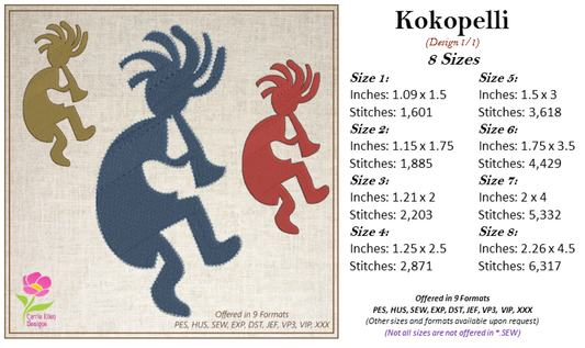 Kokopelli Embroidery Design Bundle, Dancing Kokopelli Embroidery Patterns, Tribal Art Design, Musical Embroidery, Flute, 6 Designs 8 Sizes Each (0477)