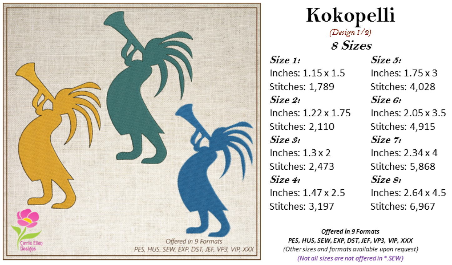 Kokopelli Embroidery Design Bundle, Dancing Kokopelli Embroidery Patterns, Tribal Art Design, Musical Embroidery, Flute, 6 Designs 8 Sizes Each (0477)