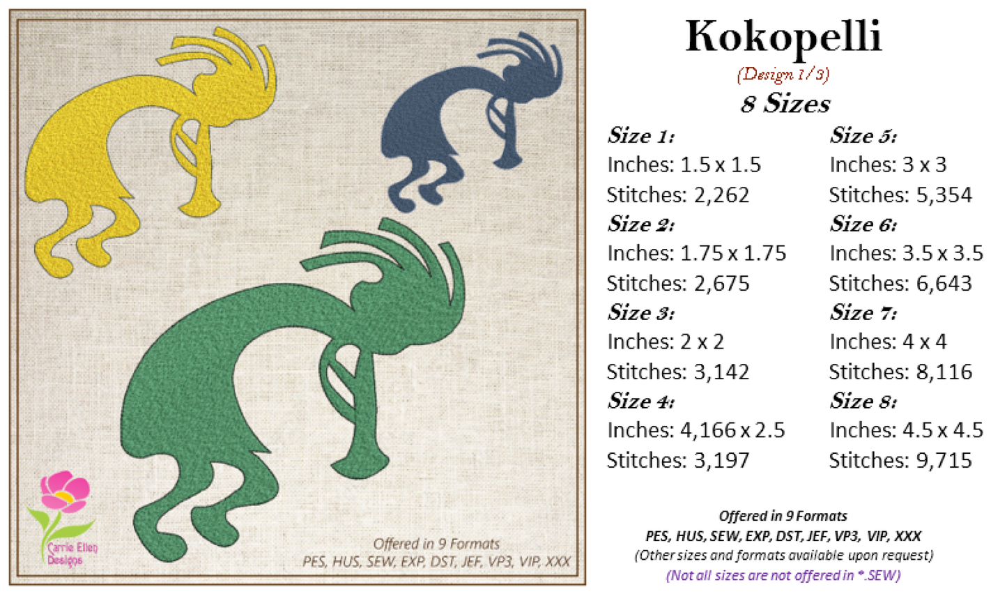 Kokopelli Embroidery Design Bundle, Dancing Kokopelli Embroidery Patterns, Tribal Art Design, Musical Embroidery, Flute, 6 Designs 8 Sizes Each (0477)