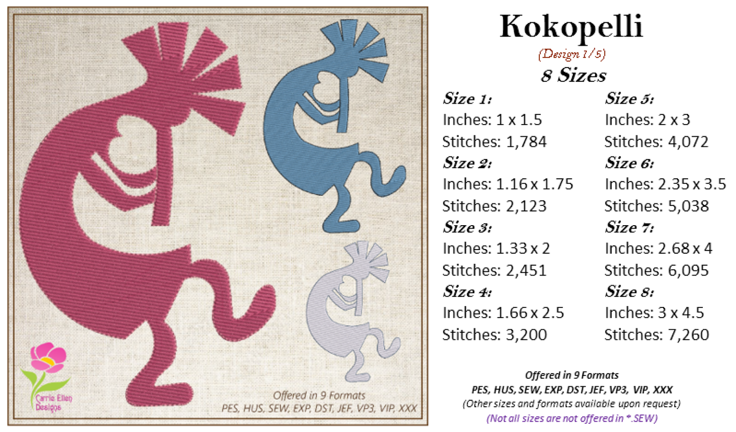 Kokopelli Embroidery Design Bundle, Dancing Kokopelli Embroidery Patterns, Tribal Art Design, Musical Embroidery, Flute, 6 Designs 8 Sizes Each (0477)