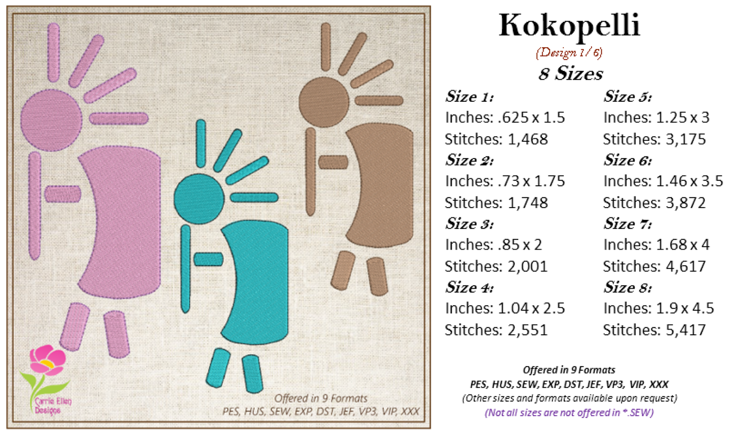 Kokopelli Embroidery Design Bundle, Dancing Kokopelli Embroidery Patterns, Tribal Art Design, Musical Embroidery, Flute, 6 Designs 8 Sizes Each (0477)