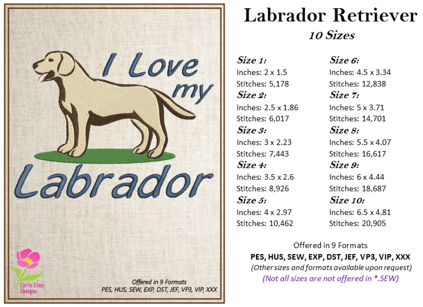 I Love My Labrador Machine Embroidery Design – Labrador Retriever Dog Stitch File, 10 Sizes (0141)