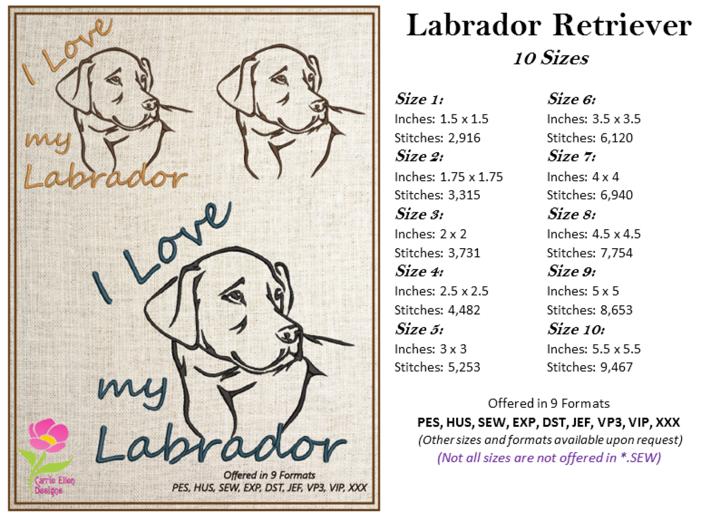 I Love My Labrador Machine Embroidery Design – Black Lab Dog Design, Labrador Retriever Stitch File, 10 Sizes (0140)