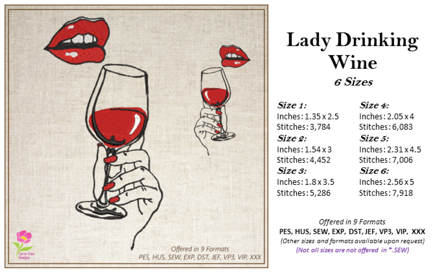 Lady Drinking Wine Machine Embroidery Design - Wine Glass & Red Lips, 6 Sizes (0628)