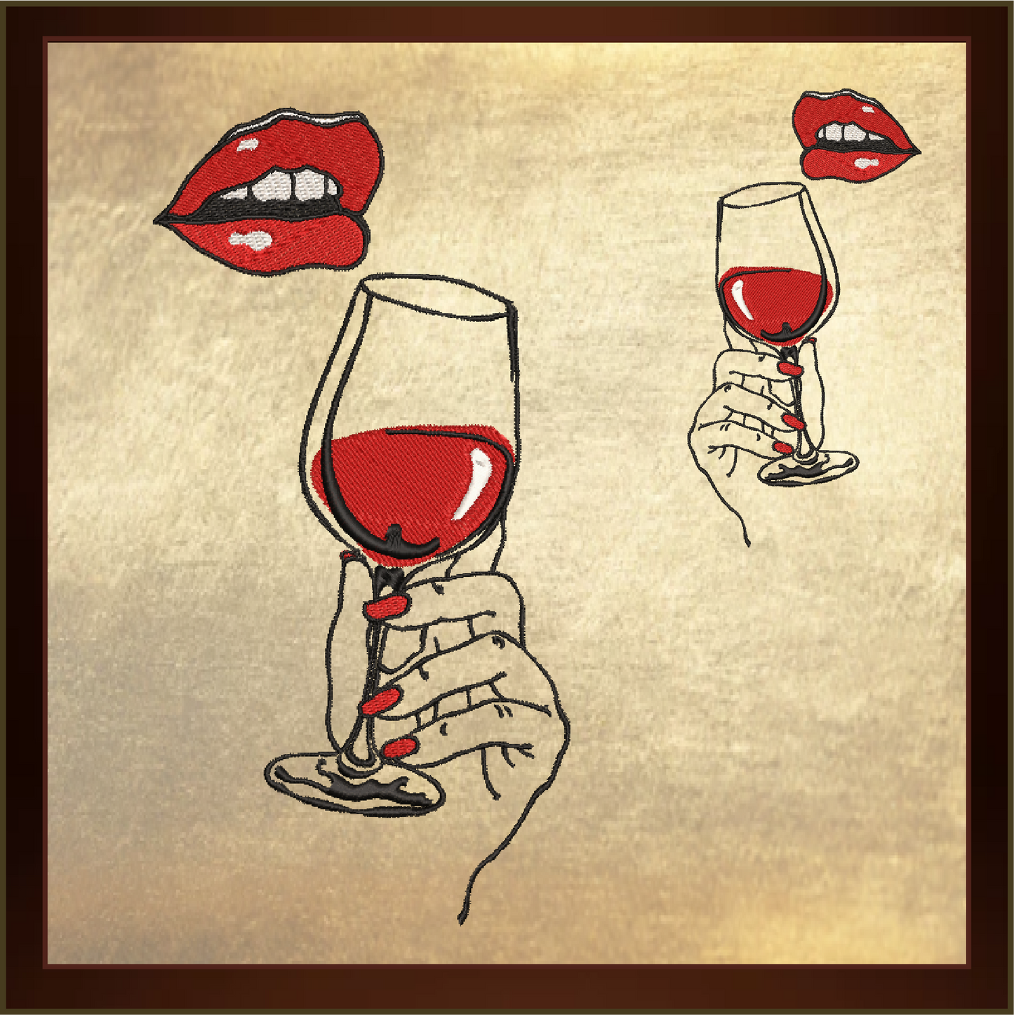 Lady Drinking Wine Machine Embroidery Design - Wine Glass & Red Lips, 6 Sizes (0628)