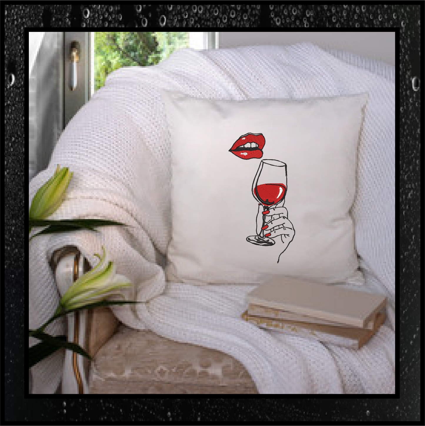 Lady Drinking Wine Machine Embroidery Design - Wine Glass & Red Lips, 6 Sizes (0628)