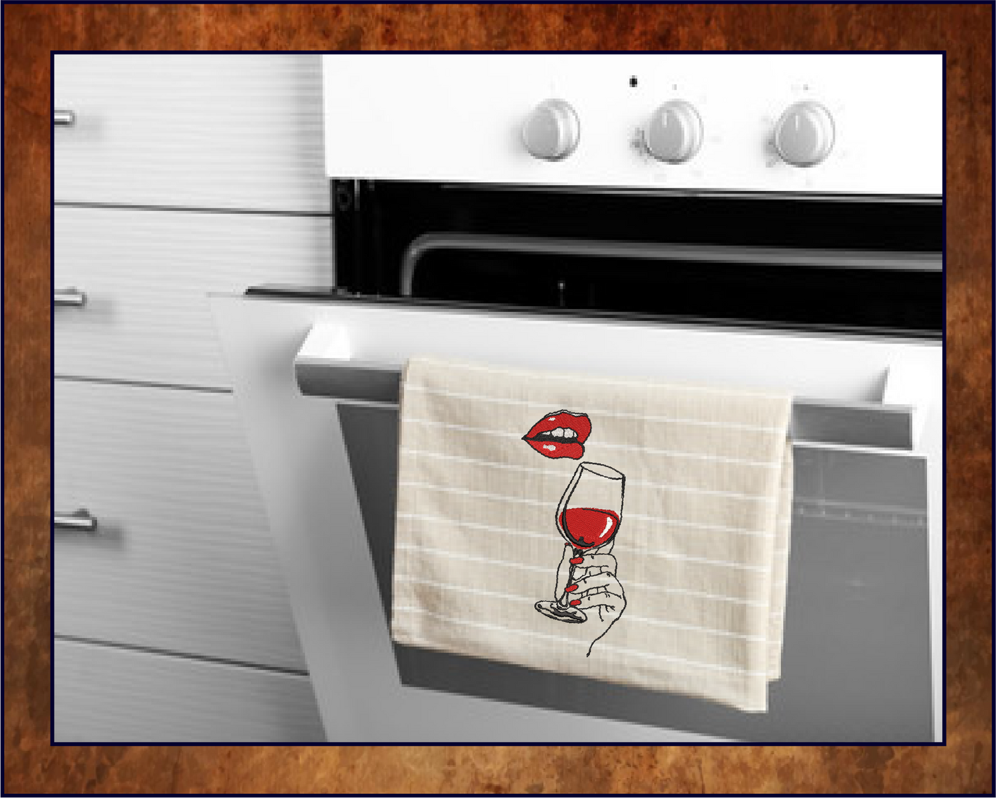 Lady Drinking Wine Machine Embroidery Design - Wine Glass & Red Lips, 6 Sizes (0628)