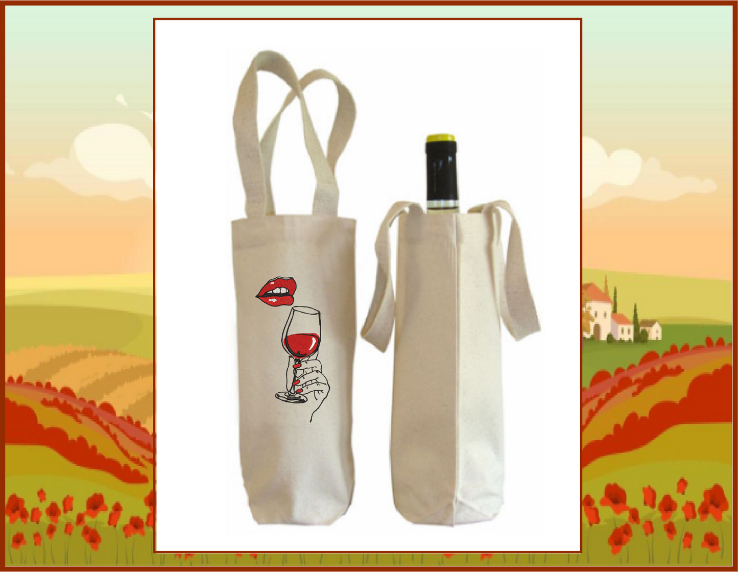 Lady Drinking Wine Machine Embroidery Design - Wine Glass & Red Lips, 6 Sizes (0628)