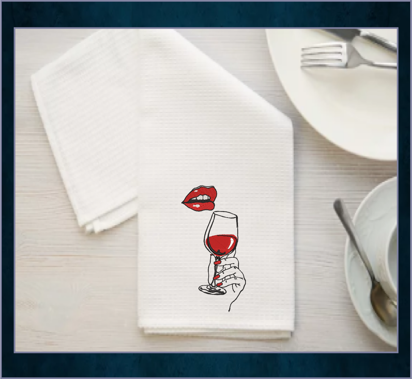 Lady Drinking Wine Machine Embroidery Design - Wine Glass & Red Lips, 6 Sizes (0628)