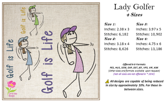 Golf Machine Embroidery Design – Golf is Life Female Golfer Stick Figure – Women’s Golf Embroidery – 4 Sizes (0195)