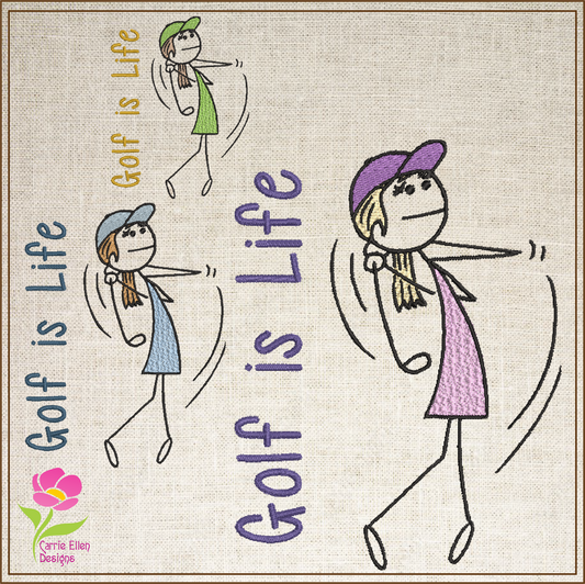 Golf Machine Embroidery Design – Golf is Life Female Golfer Stick Figure – Women’s Golf Embroidery – 4 Sizes (0195)