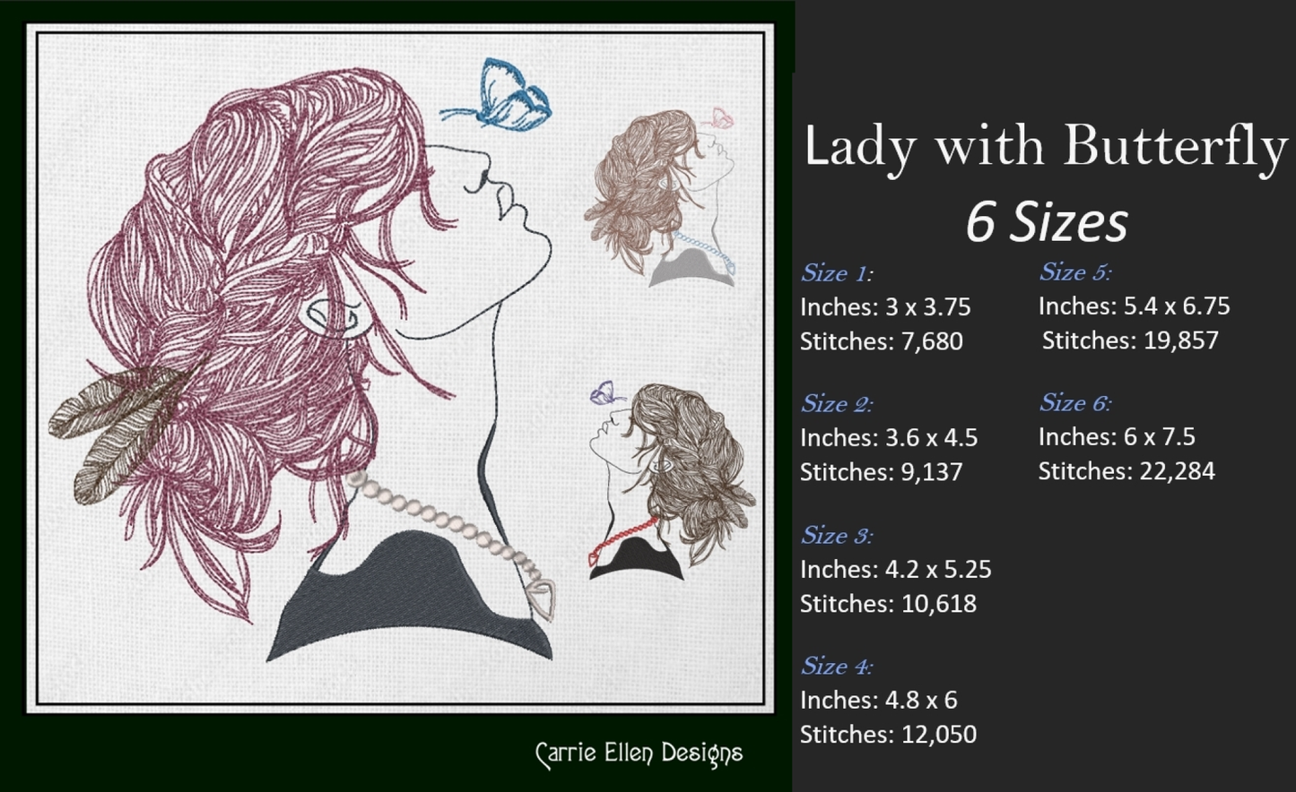 Lady with Butterfly Machine Embroidery Design – Beautiful Woman Profile Sketch – Casual Girl Art – 6 Sizes (1246)