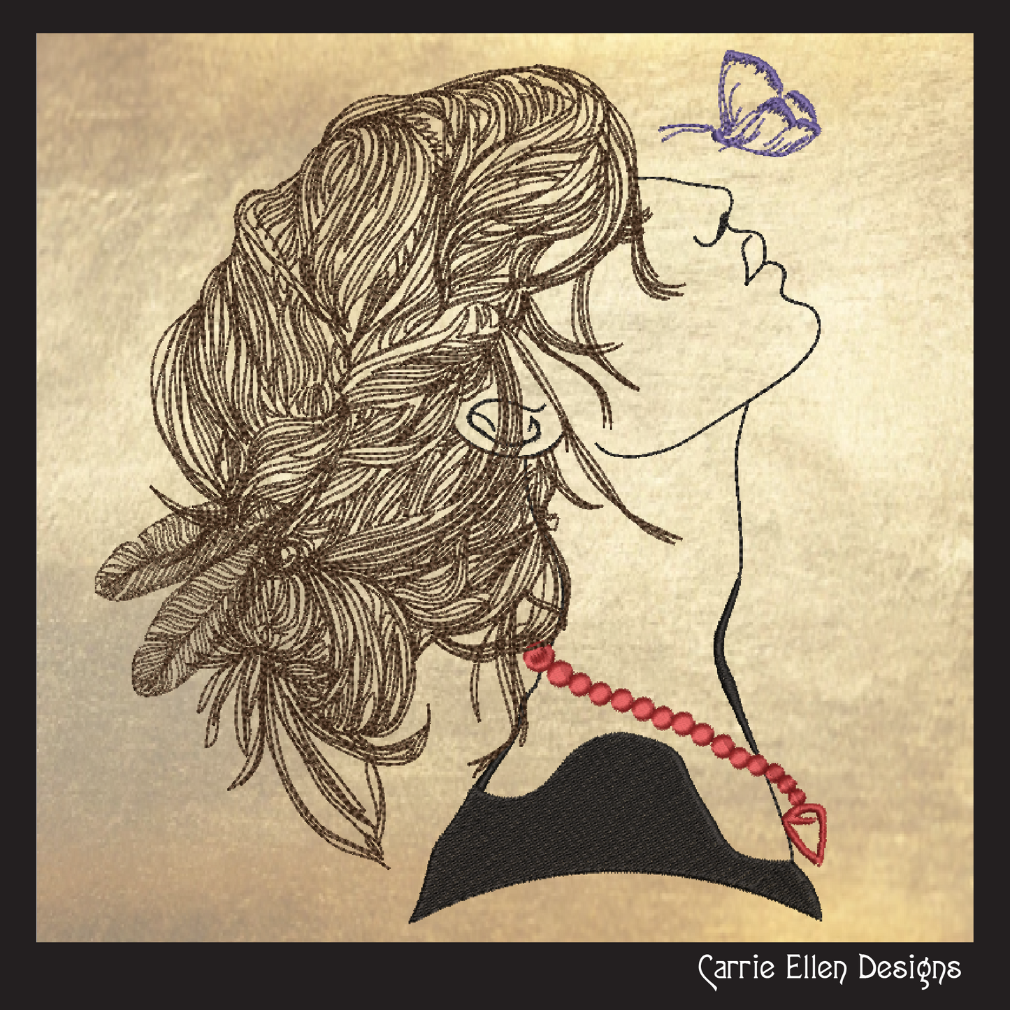 Lady with Butterfly Machine Embroidery Design – Beautiful Woman Profile Sketch – Casual Girl Art – 6 Sizes (1246)