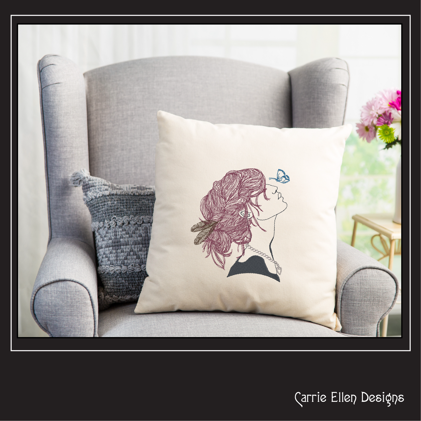 Lady with Butterfly Machine Embroidery Design – Beautiful Woman Profile Sketch – Casual Girl Art – 6 Sizes (1246)
