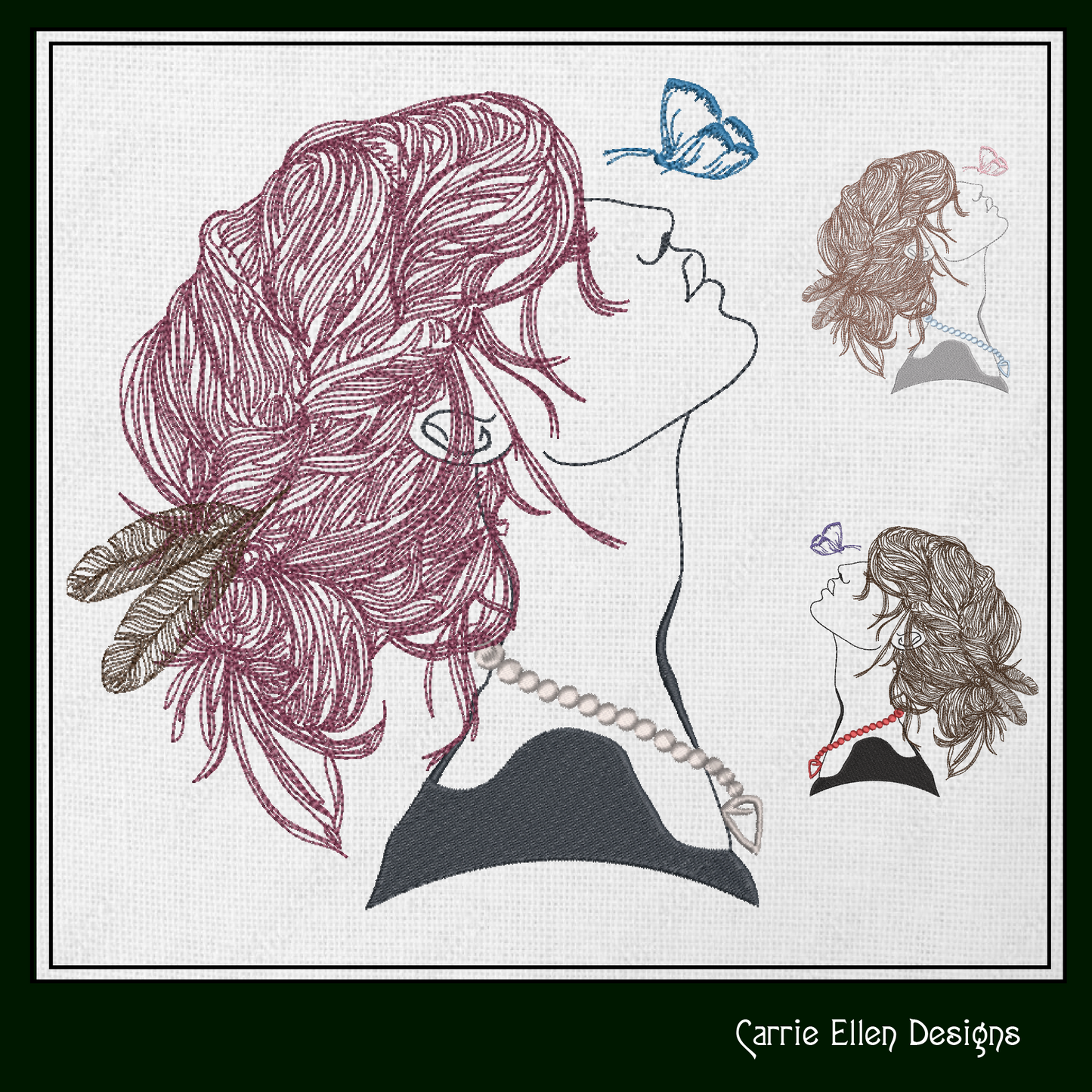 Lady with Butterfly Machine Embroidery Design – Beautiful Woman Profile Sketch – Casual Girl Art – 6 Sizes (1246)